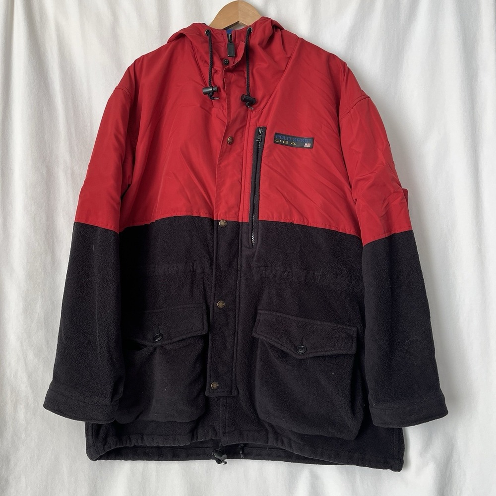 Polo Sport Ralph Lauren Jacket Men L Red Black Fleece Nylon Hooded Vintage 90s - Picture 2 of 16